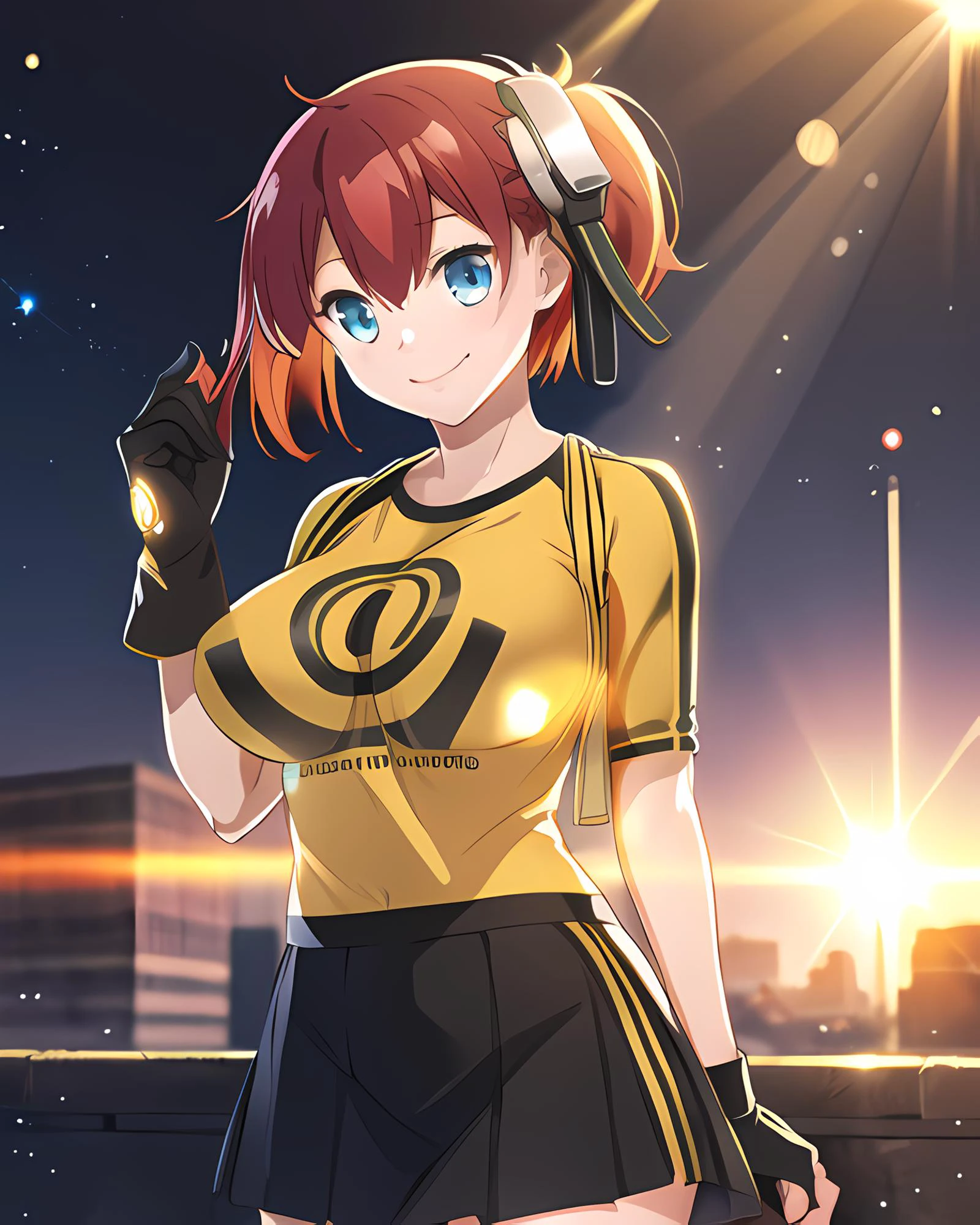 (masterpiece:1.1), (best quality:1.1), 1girl, Real light and shadow, 4k, 8k, wallpaper,epic, detail texture, ((1girl)), solo, cowboy shot, ((lens flare)), (light particles, light rays, sunlight), <lora:AibaAmi:1> ami aiba, blue eyes, red hair, side ponytail, short hair, goggles, hair ornament, hair between eyes, shirt, yellow shirt, raglan sleeves, skirt, black gloves, gloves, single glove, large breasts, (smile)