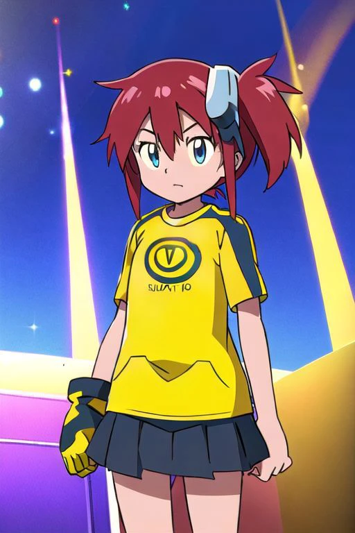 digimon, anime screencap, masterpiece, nice hands, best quality, 1girl, solo, ami aiba, blue eyes, red hair, side ponytail, short hair, goggles, hair ornament, hair between eyes, shirt, (yellow shirt:1.5), raglan sleeves, skirt, black gloves, gloves, single glove, facing viewer, black skirt, black raglan sleeves, chest logo, street, outdoors, breasts