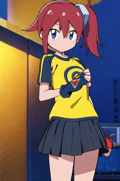 digimon, anime screencap, masterpiece,  nice hands, best quality,  1girl,  solo, ami aiba, blue eyes, red hair, side ponytail, short hair, goggles, hair ornament, hair between eyes, shirt, (yellow shirt:1.25), raglan sleeves, skirt, black gloves, gloves, single glove, facing viewer, black skirt, (black raglan sleeves:1.25), chest logo, street, outdoors,