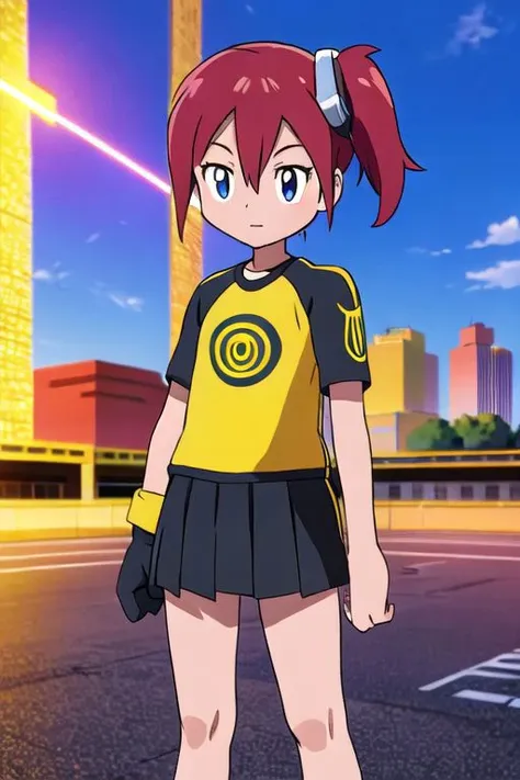 digimon, anime screencap, masterpiece,  nice hands, best quality,  1girl,  solo, ami aiba, blue eyes, red hair, side ponytail, short hair, goggles, hair ornament, hair between eyes, shirt, (yellow shirt:1.25), raglan sleeves, skirt, black gloves, gloves, single glove, facing viewer, black skirt, (black raglan sleeves:1.25), chest logo, street, outdoors,