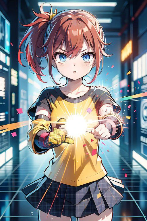 anime screencap, masterpiece, nice hands, best quality, 1girl, solo, ami aiba, blue eyes, (red hair:1.5), side ponytail, short hair, goggles, hair ornament, hair between eyes, shirt, (yellow shirt:1.5), raglan sleeves, skirt, black gloves, gloves, single glove, facing viewer, black skirt, (black raglan sleeves:1.25), chest logo, (((glowing,hologram,blurry,digital dissolve,cyberpunk,dissolving clothes, dissolving body,glitch))),fighting stance,looking at viewer,