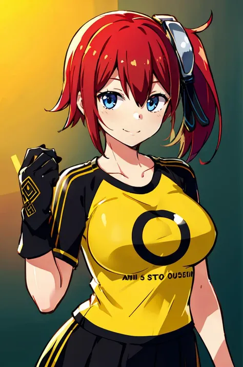 ultra detailed, masterpiece, best quality, solo, soft smile, light smile,
 <lora:AibaAmi:0.7> ami aiba, blue eyes, red hair, side ponytail, short hair, goggles, hair ornament, hair between eyes, shirt, yellow shirt, raglan sleeves, skirt, black gloves, gloves, single glove, large breasts,