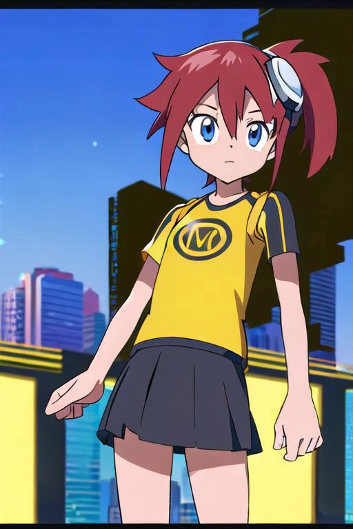 digimon, anime screencap, masterpiece, nice hands, best quality, 1girl, solo, ami aiba, blue eyes, red hair, side ponytail, short hair, goggles, hair ornament, hair between eyes, shirt, (yellow shirt:1.25), raglan sleeves, skirt, black gloves, gloves, single glove, facing viewer, black skirt, (black raglan sleeves:1.25), chest logo, street, outdoors,