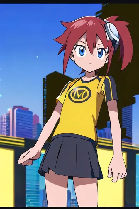 digimon, anime screencap, masterpiece,  nice hands, best quality,  1girl,  solo, ami aiba, blue eyes, red hair, side ponytail, short hair, goggles, hair ornament, hair between eyes, shirt, (yellow shirt:1.25), raglan sleeves, skirt, black gloves, gloves, single glove, facing viewer, black skirt, (black raglan sleeves:1.25), chest logo, street, outdoors,