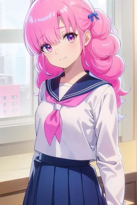 uruseiyatsuraran, <lora:urusei yatsura ran s1-lora-nochekaiser:1>,
ran, long hair, bangs, pink hair, bow, hair bow, red bow, (pink eyes:1.5), smile,
BREAK shirt, long sleeves, school uniform, serafuku, sailor collar, neckerchief, yellow neckerchief, shirt, blue shirt, blue sailor collar, (blue skirt:1.5),
BREAK indoors, classroom,
BREAK looking at viewer, (cowboy shot:1.5),
BREAK <lyco:GoodHands-beta2:1>, (masterpiece:1.2), best quality, high resolution, unity 8k wallpaper, (illustration:0.8), (beautiful detailed eyes:1.6), extremely detailed face, perfect lighting, extremely detailed CG, (perfect hands, perfect anatomy),