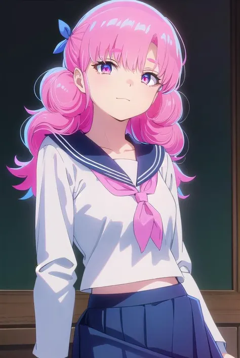 uruseiyatsuraran, <lora:urusei yatsura ran s1-lora-nochekaiser:1>,
ran, long hair, bangs, pink hair, bow, hair bow, red bow, (pink eyes:1.5), smile,
BREAK shirt, long sleeves, school uniform, serafuku, sailor collar, neckerchief, yellow neckerchief, shirt, blue shirt, blue sailor collar, (blue skirt:1.5),
BREAK indoors, classroom,
BREAK looking at viewer, (cowboy shot:1.5),
BREAK <lyco:GoodHands-beta2:1>, (masterpiece:1.2), best quality, high resolution, unity 8k wallpaper, (illustration:0.8), (beautiful detailed eyes:1.6), extremely detailed face, perfect lighting, extremely detailed CG, (perfect hands, perfect anatomy),