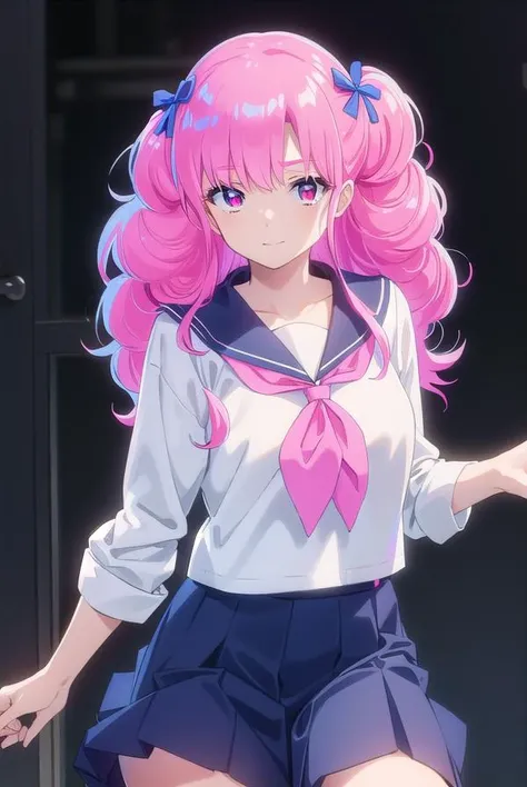 uruseiyatsuraran, <lora:urusei yatsura ran s1-lora-nochekaiser:1>,
ran, long hair, bangs, pink hair, bow, hair bow, red bow, (pink eyes:1.5), smile,
BREAK shirt, long sleeves, school uniform, serafuku, sailor collar, neckerchief, yellow neckerchief, shirt, blue shirt, blue sailor collar, (blue skirt:1.5),
BREAK indoors, classroom,
BREAK looking at viewer, (cowboy shot:1.5),
BREAK <lyco:GoodHands-beta2:1>, (masterpiece:1.2), best quality, high resolution, unity 8k wallpaper, (illustration:0.8), (beautiful detailed eyes:1.6), extremely detailed face, perfect lighting, extremely detailed CG, (perfect hands, perfect anatomy),