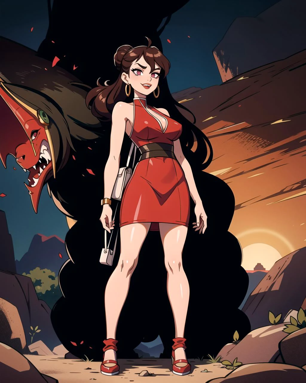((masterpiece), best quality, high quality, professional quality, highly detailed, highres, perfect lighting, natural lighting), soaring, gigantic spaceship hangar, A rocky, mountainous planet with deep canyons and massive cave systems, inhabited by bioluminescent creatures., Desert Planet, basilisk,sinister, Devoted follower of an ancient cult, Olive Skin, Redhead with curly hair styled in a loose updo, rust gloss lipstick, A shadowy figure standing at the end of a long, empty corridor, vampire with fangs, manticore,Generate an exceptional, best quality illustration, Embellished, Woman, Tall, Skinny, Round Face, Olive Skin, Dark Brown Hair, pink Eyes, Long Nose, Full Lips, Sharp Chin, Shoulder-Length Hair, Fine Hair, Angled Bob, asymmetrical breasts, Dangle earrings, plum velvet lipstick, A candy forest with trees of sweet confectionery and sugar-coated leaves, A crystalized formation with sharp edges and intricate geometric patterns