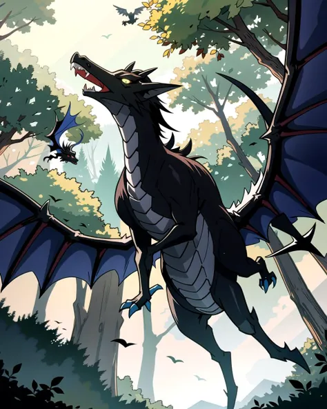 ((masterpiece), best quality, high quality, professional quality, highly detailed, highres, perfect lighting, natural lighting), black dragon, soaring over forest, lush green trees