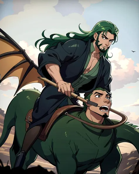 ((masterpiece), best quality, high quality, professional quality, highly detailed, highres, perfect lighting, natural lighting), (1boy, slender, handsome, facial hair, long hair, green hair), wearing wizard robes, riding a dragon, on a battlefield