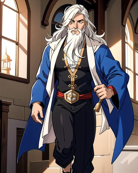 ((masterpiece), best quality, high quality, professional quality, highly detailed, highres, perfect lighting, natural lighting), (1boy, muscular, handsome, long beard, long hair, white hair), wearing wizard robes, running, in a castle