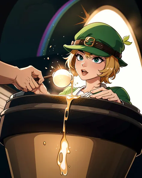 ((masterpiece), best quality, high quality, professional quality, highly detailed, highres, perfect lighting, natural lighting), leprechaun, hopping, on rainbow, holding pot of gold