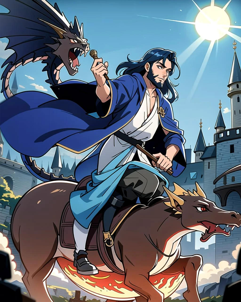 ((masterpiece), best quality, high quality, professional quality, highly detailed, highres, perfect lighting, natural lighting), (1boy, slender, handsome, long beard, medium length hair, blue hair), wearing wizard robes, riding a dragon, in a castle