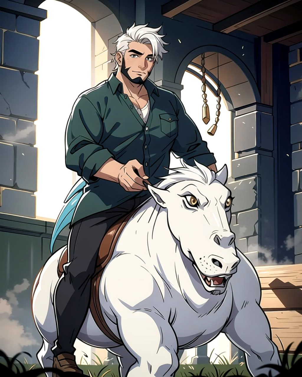 ((masterpiece), best quality, high quality, professional quality, highly detailed, highres, perfect lighting, natural lighting), (1boy, overweight, handsome, facial hair, short hair, white hair), wearing fantasy clothing, riding a dragon, on a battlefield