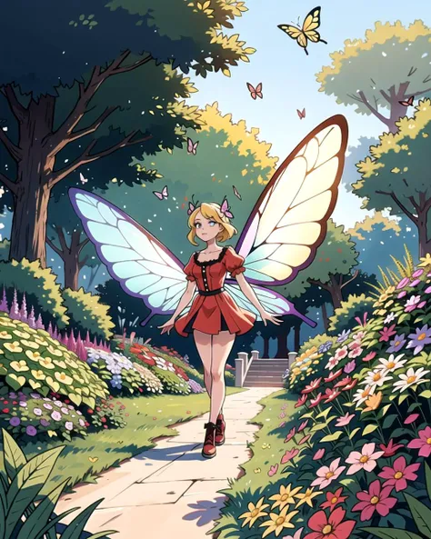 ((masterpiece), best quality, high quality, professional quality, highly detailed, highres, perfect lighting, natural lighting), group of fairies, butterfly wings, translucent wings, flying, magical garden