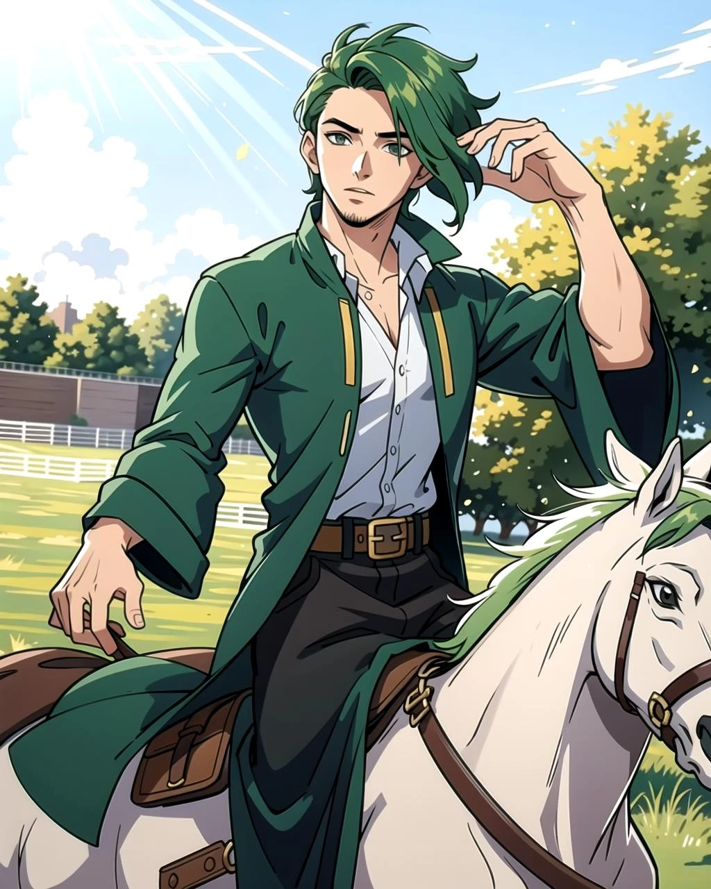 ((masterpiece), best quality, high quality, professional quality, highly detailed, highres, perfect lighting, natural lighting), (1boy, slender, handsome, no facial hair, medium length hair, green hair), wearing wizard robes, riding a horse, outdoors