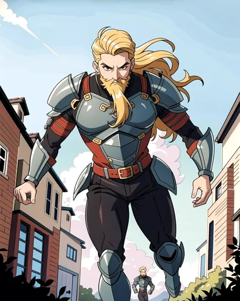 ((masterpiece), best quality, high quality, professional quality, highly detailed, highres, perfect lighting, natural lighting), (1boy, slender, handsome, long beard, long hair, blonde hair), wearing armor, running, outdoors