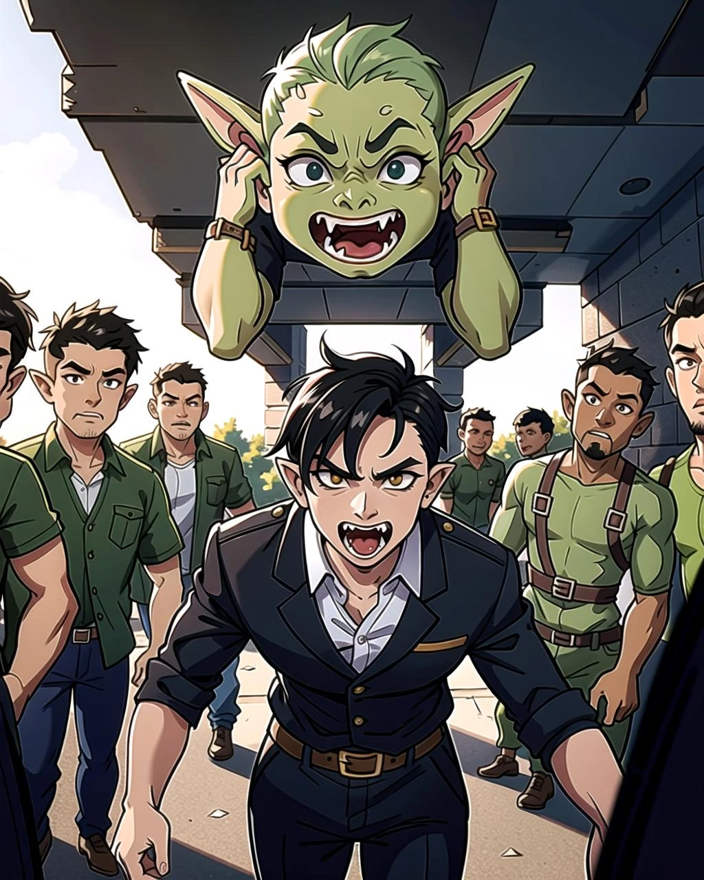 ((masterpiece), best quality, high quality, professional quality, highly detailed, highres, perfect lighting, natural lighting), goblin army, marching, dark cave, weapons drawn, ugly faces, long fangs, wearing ragged clothing, gross, disgusting