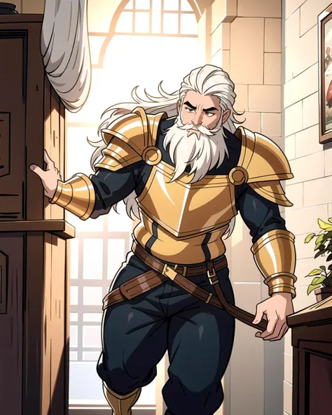 ((masterpiece), best quality, high quality, professional quality, highly detailed, highres, perfect lighting, natural lighting), (1boy, overweight, handsome, long beard, long hair, white hair), wearing armor, running, in a fantasy town