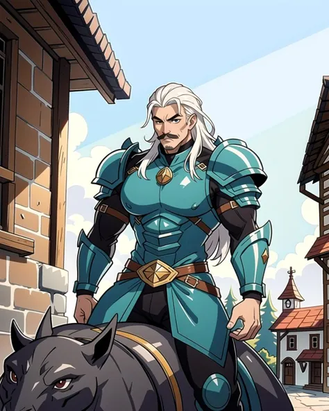 ((masterpiece), best quality, high quality, professional quality, highly detailed, highres, perfect lighting, natural lighting), (1boy, muscular, handsome, mustache, long hair, white hair), wearing armor, riding a dragon, in a fantasy town