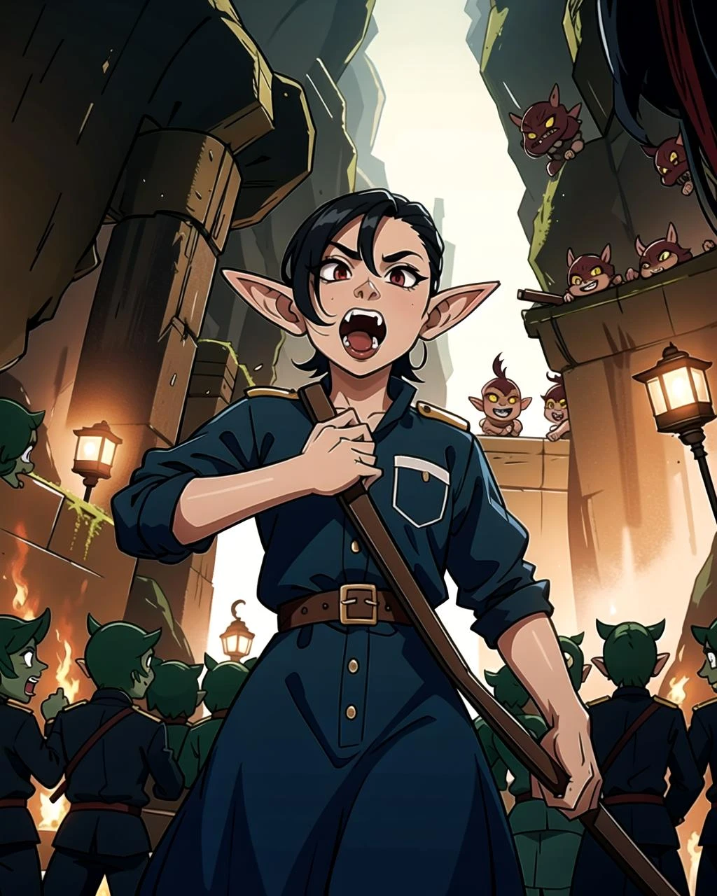 ((masterpiece), best quality, high quality, professional quality, highly detailed, highres, perfect lighting, natural lighting), goblin army, marching, dark cave, weapons drawn, ugly faces, long fangs, wearing ragged clothing, gross, disgusting