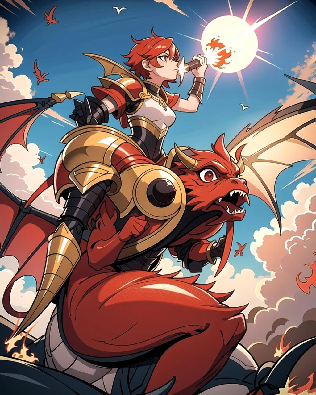 ((masterpiece), best quality, high quality, professional quality, highly detailed, highres, perfect lighting, natural lighting), red dragon, (1girl, wearing armor, sitting on dragon, dragon rider, holding weapon), flying, flames, magic, clouds, sun in background