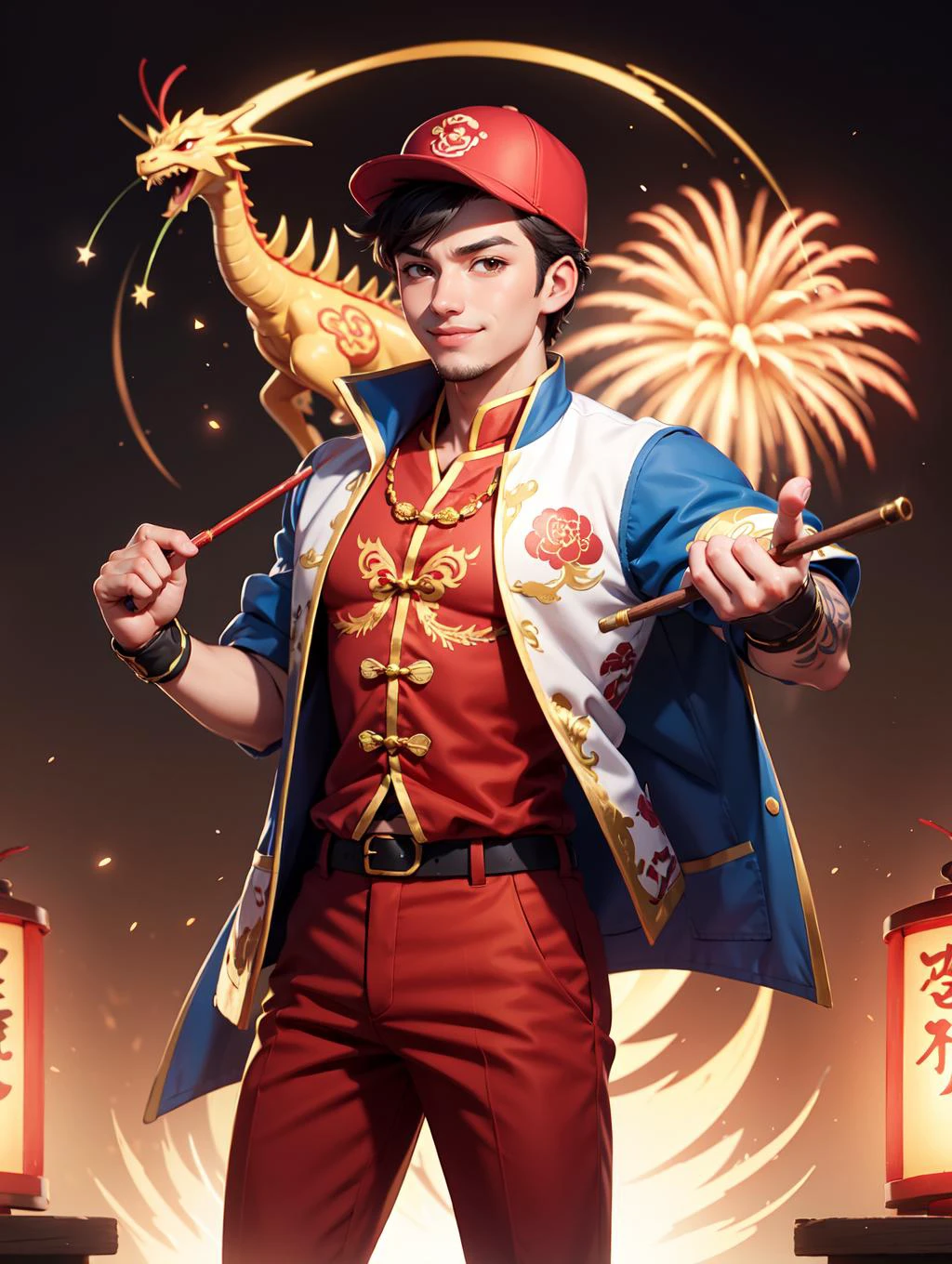 looking at viewer, Amidst the Chinese New Year festivities of the Dragon, a (handsome young man:1.1)( dons traditional attire:1.5). His clothing reveals chiseled muscles and tattoos, with a red shirt featuring golden dragon embroidery and snug, red trousers adorned with fireworks motifs. Completing the look are golden shoes.
he stands against a backdrop of gleaming red and gold lanterns on a stage filled with music and firecrackers. The man's tattoos, depicting dragons and Chinese symbols, underscore his cultural connection. With a radiant smile, he extends blessings for the year ahead, encapsulating the spirit of joy and community celebration. His masculine, youthful, and tender features exude warmth and charm, adding to the festive atmosphere of the occasion,
<lora:GoodHands-beta2:0.8>, dynamic pose,
<lora:pokemon_ashketchum-10:0.6> pokemonketchum, baseball cap, blue jacket, sleeveless jacket, shirt, short sleeves, pants, fingerless gloves, masterpiece, 4k, high quality, highres, absurdres,