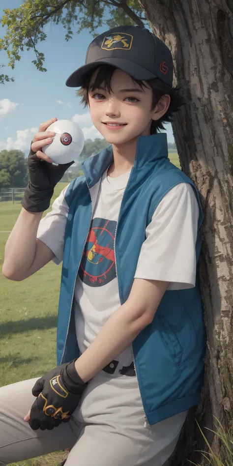 (masterpiece, best quality:1.2), cowboy shot, solo, 1boy, pokemonketchum, smile, holding poke ball, looking at viewer, baseball cap, blue jacket, sleeveless jacket, shirt, short sleeves, pants, fingerless gloves, <lora:pokemon_ashketchum:0.7>, 10-year-old boy, outdoors, grass, tree,