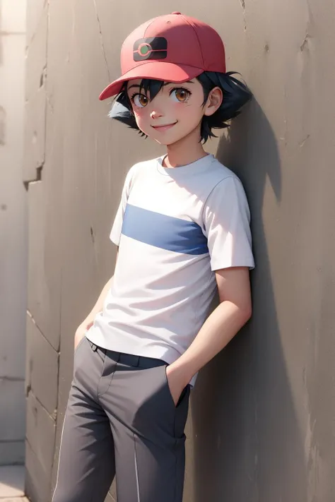 (masterpiece, best quality:1.2), <lyco:pokemon_ashketchum-10:1.0>, cowboy shot, solo, 1girl, pokemonketchum, smile, looking at viewer, hand in pocket, baseball cap, white shirt, short sleeves, pants