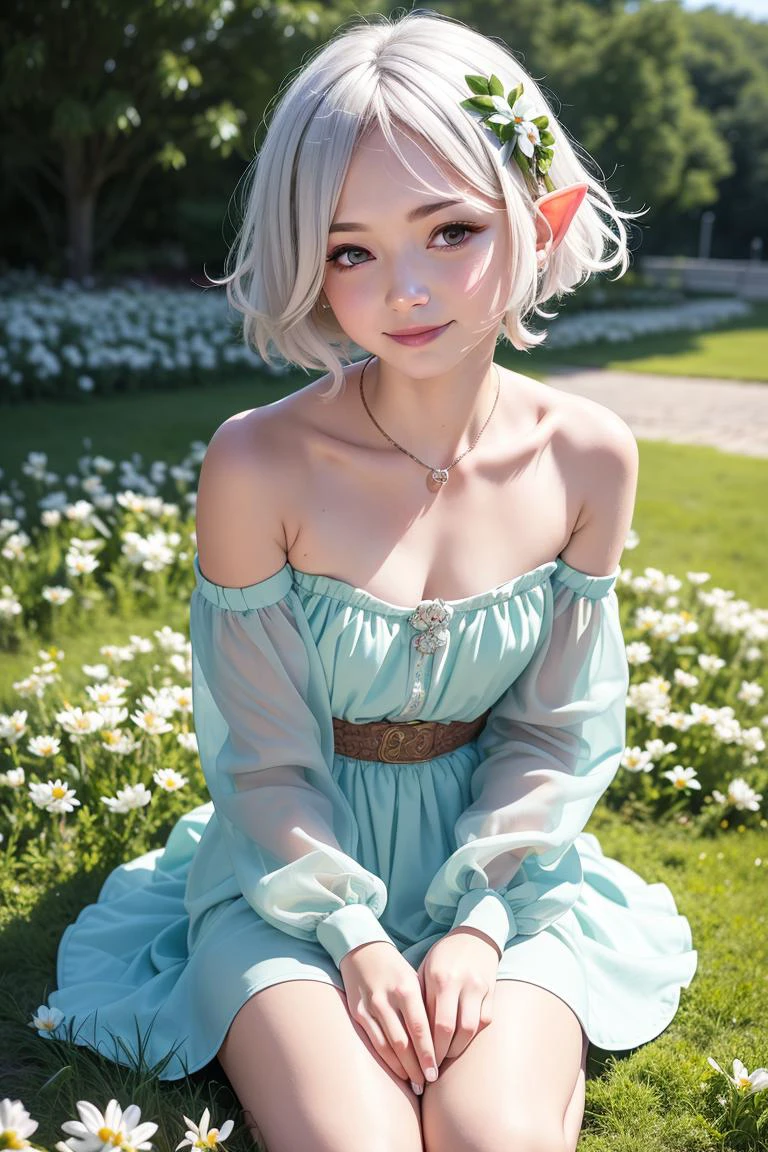 RAW photograph of a cute elf girl sitting in a flowerbed,flower, letterboxed, white flower, kokkoro \(princess connect!\), flower field, 1girl, on grass, hair between eyes, field, lily \(flower\), elf, solo, grass, bangs, hair ornament, onigiri, sleeveless, antenna hair, daisy, hair flower, sleeveless dress, smile, dress, bare shoulders, pointy ears, closed mouth, eyebrows visible through hair, silver hair, blush, garden, red eyes, outdoors, sitting, puffy sleeves, white dress, green sleeves, clover, small breasts, pink flower, puffy long sleeves, looking at viewer, seiza, (photorealistic:1.4), (small ears), short hair, <lora:kokkoroPrincessConnect_kokkoroV1:0.5>