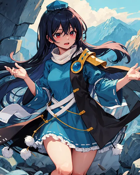 Iizunamaru Megumu, blue tokin hat, white circle scarf, blue dress, golden pauldron, black cape, pom pom (clothes), mountain
<lora:Iizunamaru_Megumu_v2.0:0.8>