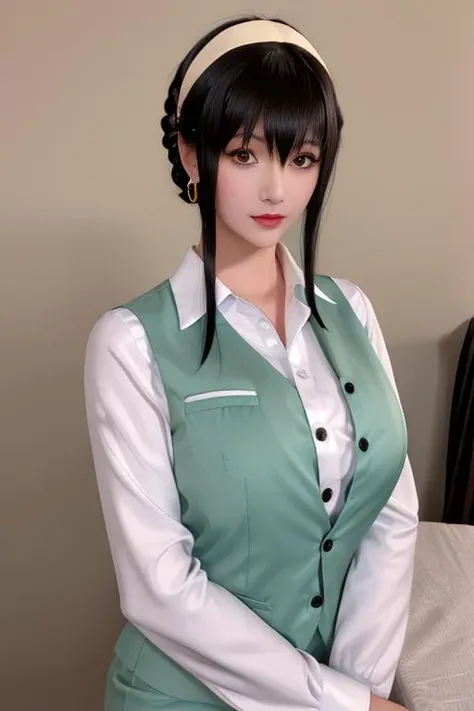 best quality, masterpiece, real,realistic, photo,photorealistic,looking at viewer,cowboy shot, outdoors,
Yor Forger, hoshilily, 1girl, hairband, black hair, solo, earrings, jewelry, red eyes, white hairband, green vest, sidelocks, looking at viewer, shirt, vest, white shirt, realistic, collared shirt, breasts, bangs, short hair with long locks, office lady, long sleeves, gold earrings, upper body, updo, lips, photo background, skirt, closed mouth, braid, alternate costume, long hair, hair bun, buttons, yor-uniform.
<lora:Yor Forger-hoshilily_V1_04:0.7>
