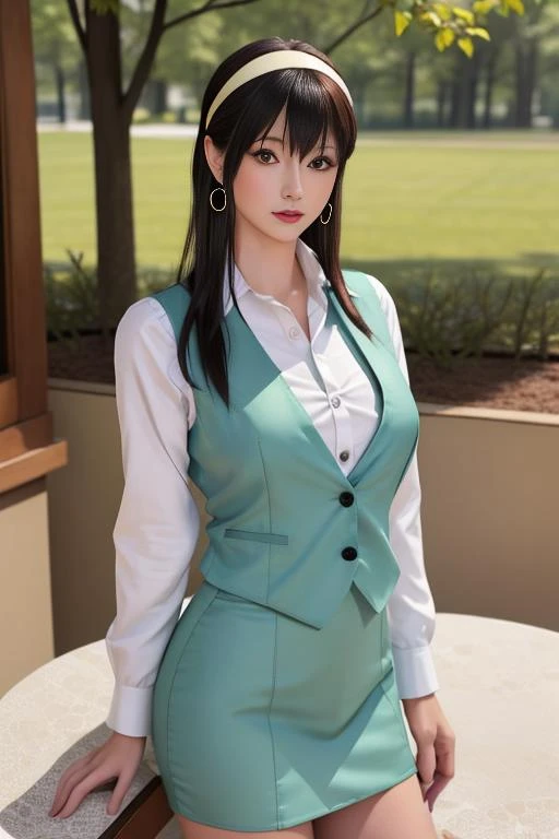 Yoru_Briar, One girl, White hair band, ((Twin tails, Side Lock)), Black Hair, ((Red eyes)), Green vest, White shirt, Long sleeve, Green pencil skirt, Thighs, Upper Body, ((Leaning forward)), Are standing, (Cowboy Shot,Realistic, photoRealistic), (masterpiece, 最high quality, high quality), (colorful),(Delicate eyes and face), Volumetric Light, Ray Tracing, Highly detailed CG Unity 8k wallpaper, indoor, living room, sofa, Decorations, chandelier, Mountain of books,