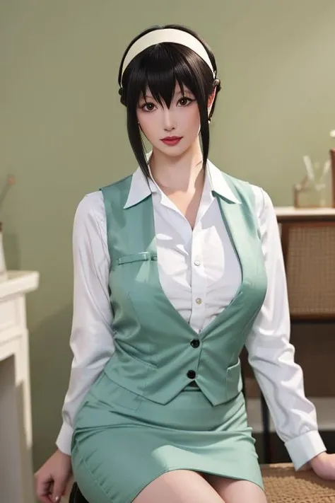 <lora:Yor(Office_Lady):0.8>, yor_briar, 1girl, white hairband, ((twintails, sidelocks)), black hair, ((red eyes)), green vest, white shirt, long sleeves, green pencil skirt, thighs, upper body, standing, (cowboy shot,realistic, photorealistic), (masterpiece, best quality, high quality), (colorful),(delicate eyes and face), volumatic light, ray tracing, extremely detailed CG unity 8k wallpaper, indoors, living room, shelf, chandelier, sofa, ((luxury decorations))