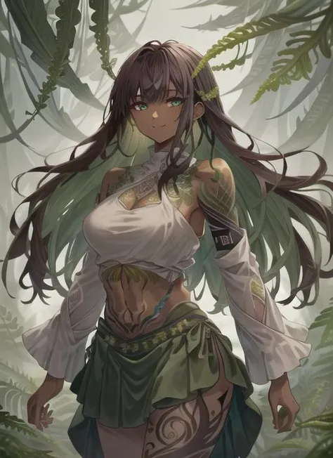 ((best quality)), ((highly detailed)), masterpiece, ((official art)), (detailed eyes, deep eyes), (1girl), cowboy shot, (dryad), (((moss_hair:1.6, green hair, <lora:conceptColoredInner_v10:1>, Fern green colored inner hair, leaves in hair))), (((dark brown skin:1.5))), plant girl, (serene smile), green eyes, tall woman, ((intricate tattoos:1.4)), (green tattoos), (rune tattoos), nature, ((leaf skirt, clothes made of plants:1.4)), medium breasts, mushrooms, <lora:RootsBranchesAIv5:.7>, RootsBranchesAI woman, outside, in an enchanted forest, ((complex background))