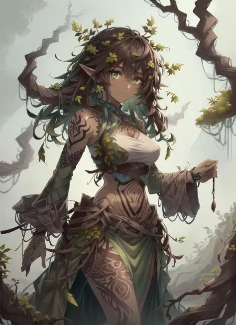 ((best quality)), ((highly detailed)), masterpiece, ((official art)), extremely detailed face, beautiful face, (detailed eyes, deep eyes), (1girl), wide shot, (dryad), (((moss_hair:1.6, brown hair))), (((dark brown skin:1.5))), (serene smile), green eyes, tall woman, ((intricate tattoos:1.4)), (green tattoos), (rune tattoos), nature, ((leaf skirt, clothes made of plants:1.4)), medium breasts, mushrooms, <lora:RootsBranchesAIv5:.7>, RootsBranchesAI woman