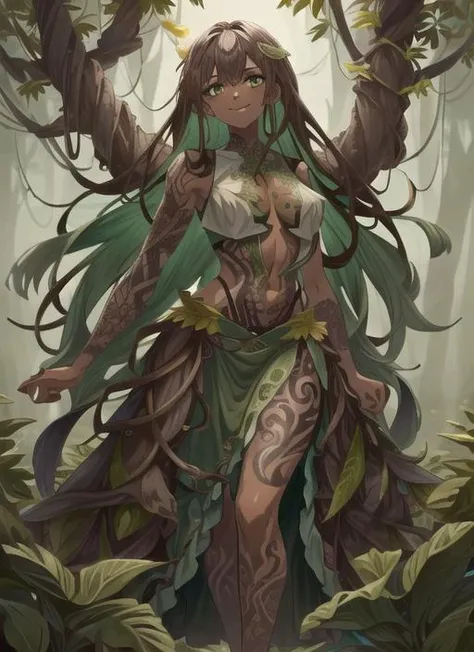 ((best quality)), ((highly detailed)), masterpiece, ((official art)), (detailed eyes, deep eyes), (1girl), wide shot, (dryad), (((plant_hair:1.5, green hair, <lora:conceptColoredInner_v10:1>, Apple green colored inner hair, leaves in hair))), (((dark brown skin:1.5))), plant girl, (serene smile), green eyes, tall woman, ((intricate tattoos:1.4)), (green tattoos), (rune tattoos), nature, ((leaf skirt, clothes made of plants:1.4)), medium breasts, mushrooms, <lora:RootsBranchesAIv5:.7>, RootsBranchesAI woman, outside, in an enchanted forest, ((complex background))