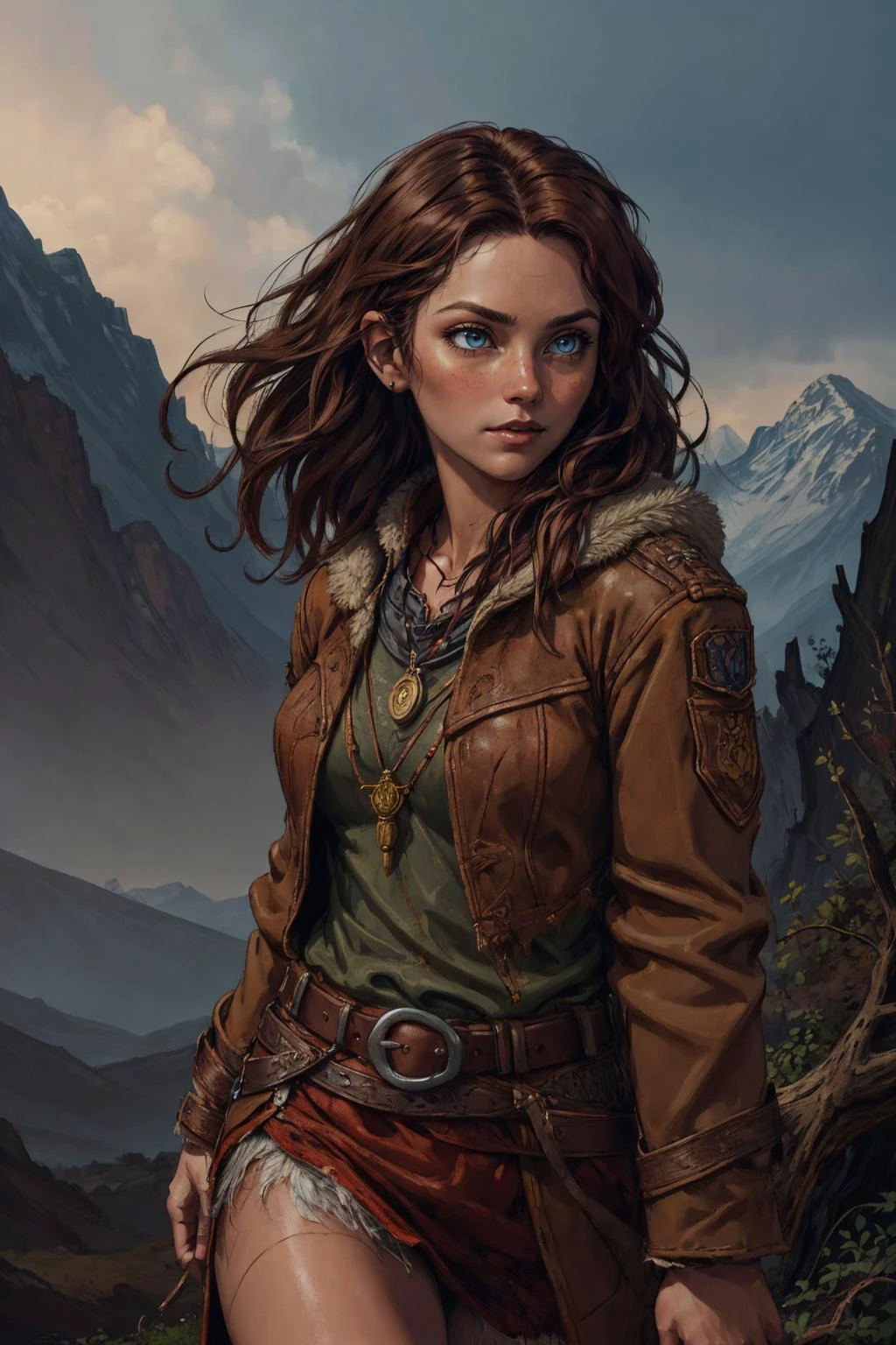 (inked original-art:1.2), (lineart:1.31), (fine-details:1.3), limited-palette, <lora:add_detail:0.5> <lora:realistic:.4>
1 girl, adult (elven:0.7) woman, blue eyes, brown wavy hair,
portrait, solo, half shot, detailed background, detailed face, (<lora:RootsBranchesAIv5:0.4>, RootsBranchesAI theme:1.1), explorer, running, dynamic movement, curious, rugged leather clothes, coat, bandana, amulet, belt, flaming torch, (derelict:0.7) mountains background, dust, dim light, ominous, dark foreboding atmosphere,