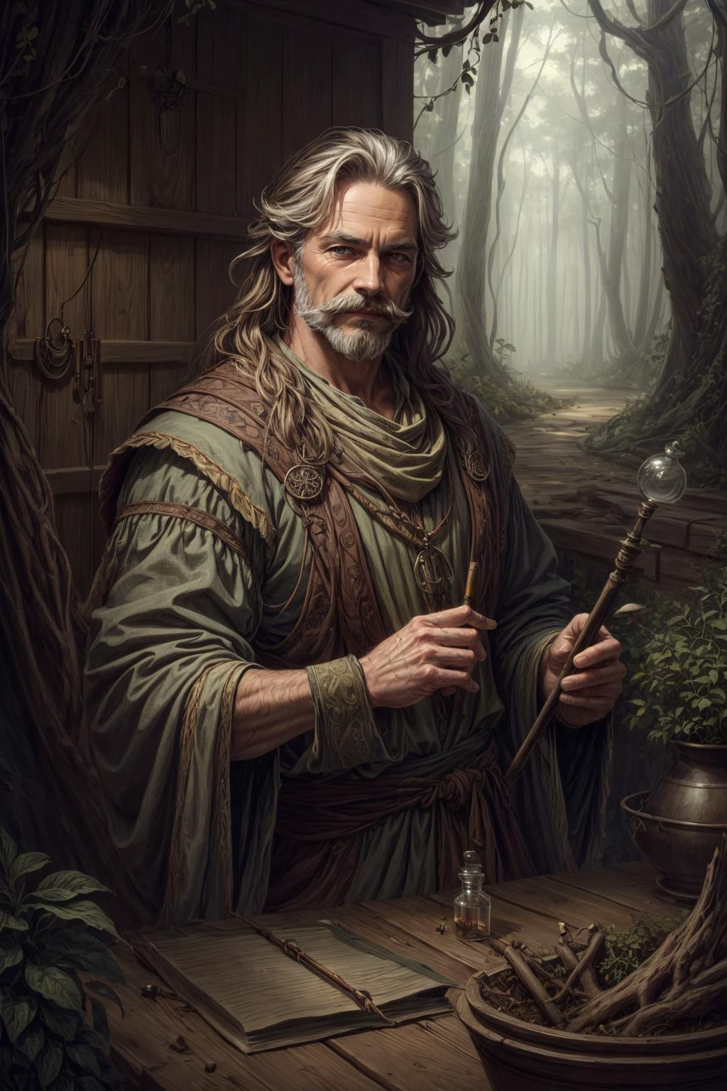 (masterpiece, best quality), intricate details, <lora:add_detail:1>
(1man, muscular adult male:1.2), dark brown eyes, light brown hair, fade with mustache,
portrait, looking at viewer, solo, half shot, detailed background, detailed face, (<lora:RootsBranchesAIv5:0.4>, RootsBranchesAI theme:1.1), (evil:0.7) smile, druid, wearing (purple:0.7) simple peasant clothes, armbands, rustic hut in the forest, outdoors, simple staff, potted plants, vines, banches, herbs, mushrooms, vials, potions, roots, witchcraft, dark sinister atmosphere, dim lighting