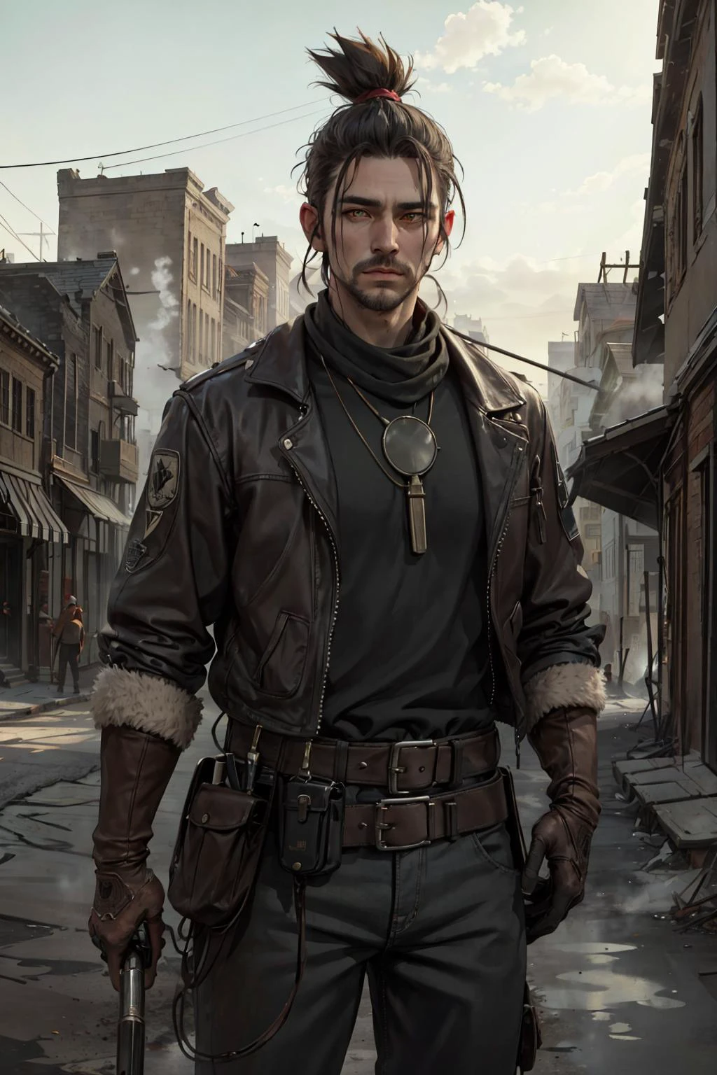 (masterpiece, best quality:1.2),
(1man, masculine adult male:1.2), yellow eyes, black hair, quiff,
portrait, looking at viewer, solo, half shot, detailed face, (<lora:RootsBranchesAIv5:0.4>, RootsBranchesAI theme:1.1), 19th century wild west, outlaw, dynamic pose, bandana, holster, (cape:0.8), native american necklace, wild west era empty town with post office in background, tumbleweed, high noon, cinematic atmosphere, wind blowing,
<lora:zaunT_zaunV1:0.3>,