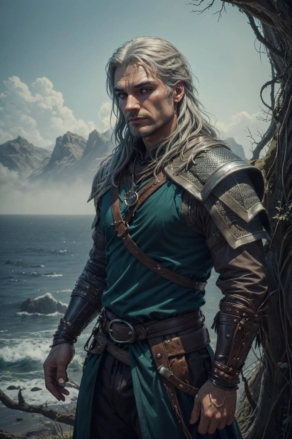 beautiful and detailed illustration, pop art, masterpiece, best quality, ultra-detailed, soft lighting, cinematic shot, vibrant colors, gorgeous colors, <lora:add_detail:0.3>, <lora:stylesqueeze_v2:0.5>,
(1man, masculine adult welsh male:1.2), green eyes, silver hair, textured fringe,
portrait, solo, upper body, looking down, detailed background, detailed face, (<lora:RootsBranchesAIv5:0.4>, RootsBranchesAI theme:1.1), glowing eyes, determined, witcher, adventurer, wearing dark orange chainmail witcher clothes, elaborate, bruises, billowing cloak belts, trinkets, supernatural abilities, ocean in background, mist, dust particles, wind blowing, magical aura, mystical atmosphere,