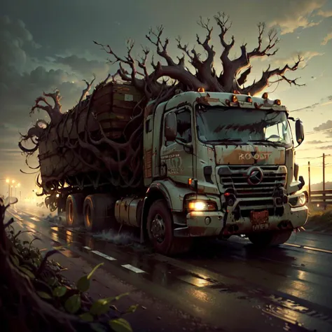 <lora:RootsBranchesAIv5:.8> RootsBranchesAI truck on road