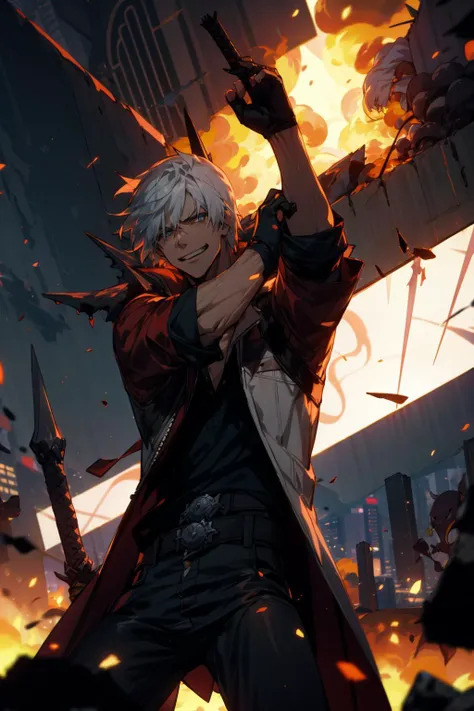 masterpiece, best quality, 1boy, dante, white hair, open clothes, coat, fingerless gloves, belt, city, detailed eyes, destroyed buildings, destruction, (night:1.4), smiling, natural light,war, angry eyes, looking ahead, male focus, muscles, composition, deth of field, bokeh <lora:add_detail:0.5> (demons on the background:1.2) , (sword:1.2), <lora:dmc_dante-09:1>, fighting pose, explosions, upper, <lora:bleach_style_offset:0.5>