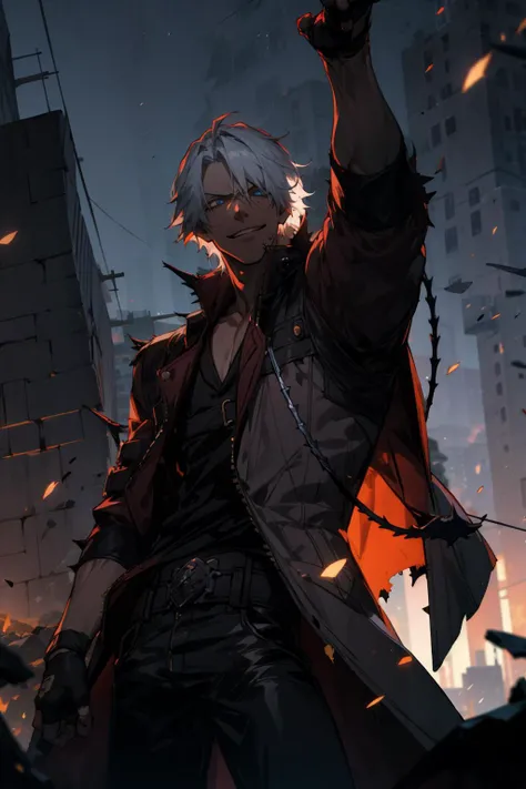 masterpiece, best quality, 1boy, dante, white hair, open clothes, coat, fingerless gloves, belt, city, detailed eyes, destroyed buildings, destruction, (night:1.4), smiling, natural light,war, angry eyes, looking ahead, male focus, muscles, movie composition, deth of field, bokeh <lora:add_detail:0.5> (demons on the background:1.2) , (sword:1.2), <lora:dmc_dante-09:1>, fighting pose, explosions, upper, <lora:bleach_style_offset:0.5>