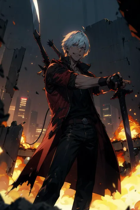 masterpiece, best quality, 1boy, dante, white hair, open clothes, coat, fingerless gloves, belt, city, detailed eyes, destroyed buildings, destruction, (night:1.4), smiling, natural light,war, angry eyes, looking ahead, male focus, muscles, composition, deth of field, bokeh <lora:add_detail:0.5> (demons on the background:1.2) , (sword:1.2), <lora:dmc_dante-09:1>, fighting pose, explosions, upper, <lora:bleach_style_offset:0.5>