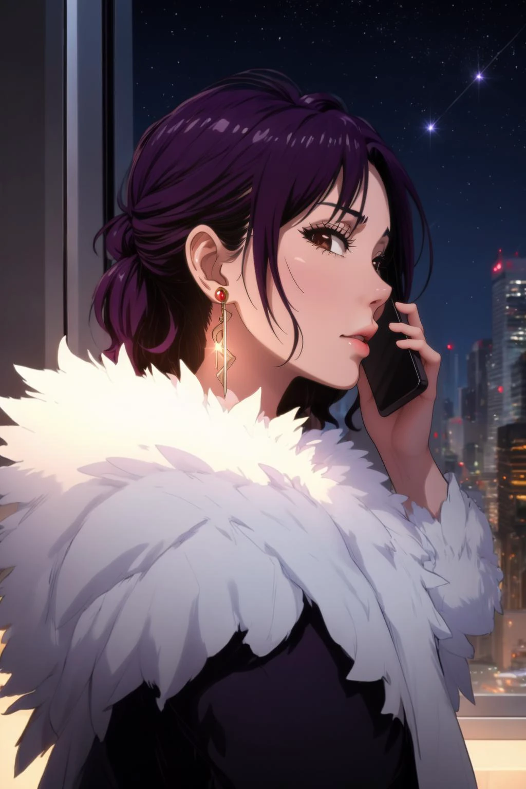 masterpiece, best quality, from side, beautiful, Mature female, talking on phone, iphone15pro, screen, <lora:iphone15pro:.85>, perfect hands, <lora:hana-nisekoi:0.8>, hana kirisaki, cigarette, fur trim, jewelry, earrings, upper body <lora:talking_on_phone_holding:0.8> window, skyline, night, starry sky, purple hair, looking at viewer, <lora:GoodHands-beta2:1> <lora:age_slider_v1:-.35> alluring