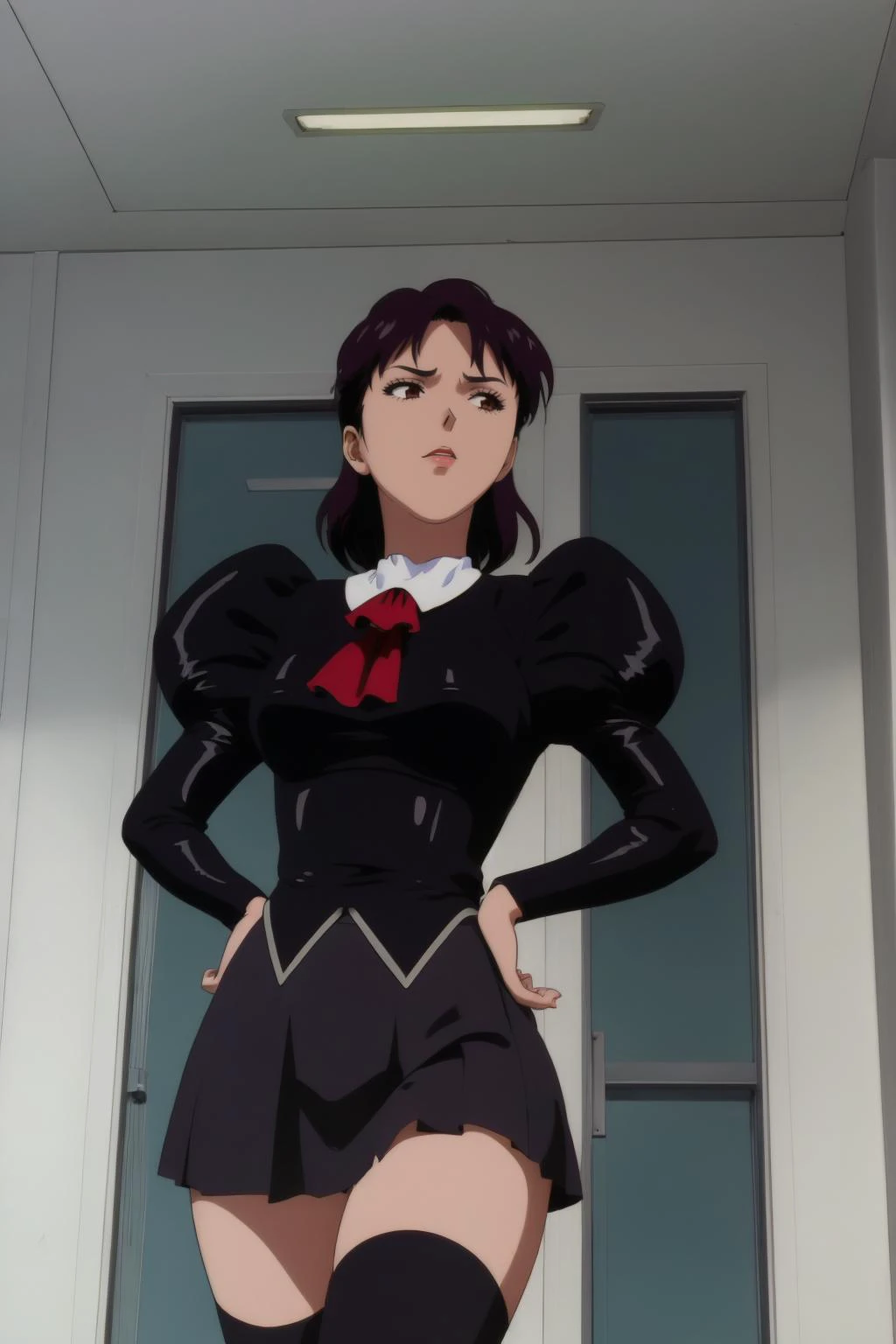 masterpiece, best quality,RETRO ARTSTYLE, 1990S (STYLE) candid <lora:hana-nisekoi:0.8> hana kirisaki black pleated skirt, puffy sleeves, uniform, juliet sleeves, long sleeves, black skirt, red ascot, black jacket, thighhighs<lora:aika_style_FW:.8> <lora:age_slider_v1:-.35> cowboy shot, looking to the side,
