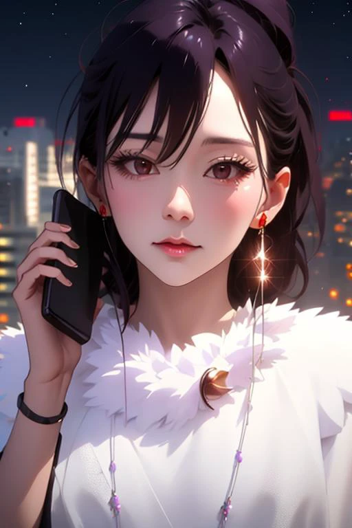 masterpiece, best quality, beautiful, Mature female, talking on phone, iphone15pro, perfect hands, <lora:hana-nisekoi:0.8>, hana kirisaki, jewelry, earrings, upper body <lora:talking_on_phone_holding:0.8> window, skyline, night, starry sky, purple hair, looking at viewer, <lora:GoodHands-beta2:1> <lora:age_slider_v1:-.35> <lora:iphone15pro:.5>