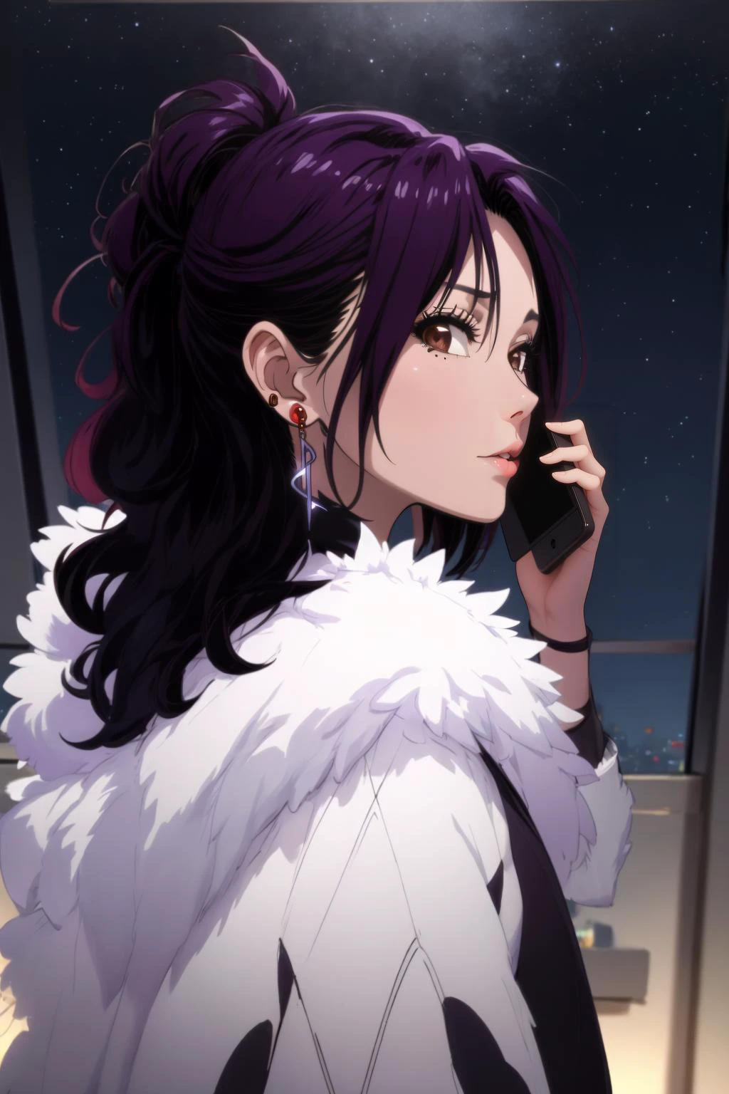 masterpiece, best quality, from behind, night:1.2, beautiful, Mature female, talking on phone, iphone15pro, screen, <lora:iphone15pro:.85>, perfect hands, <lora:hana-nisekoi:0.85>,fur trim, mole,  jewelry, earrings, upper body,  hana kirisaki, <lora:talking_on_phone_holding:0.8> window, skyline, night, starry sky, purple hair, looking at viewer, <lora:GoodHands-beta2:1>   <lora:age_slider_v1:-.35>  alluring <lora:add_detail:-.3>