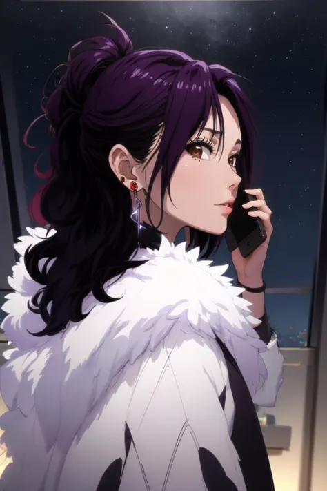 masterpiece, best quality, from behind, night:1.2, beautiful, Mature female, talking on phone, iphone15pro, screen, <lora:iphone15pro:.85>, perfect hands, <lora:hana-nisekoi:0.85>,fur trim, mole,  jewelry, earrings, upper body,  hana kirisaki, <lora:talking_on_phone_holding:0.8> window, skyline, night, starry sky, purple hair, looking at viewer, <lora:GoodHands-beta2:1>   <lora:age_slider_v1:-.35>  alluring <lora:add_detail:-.3>